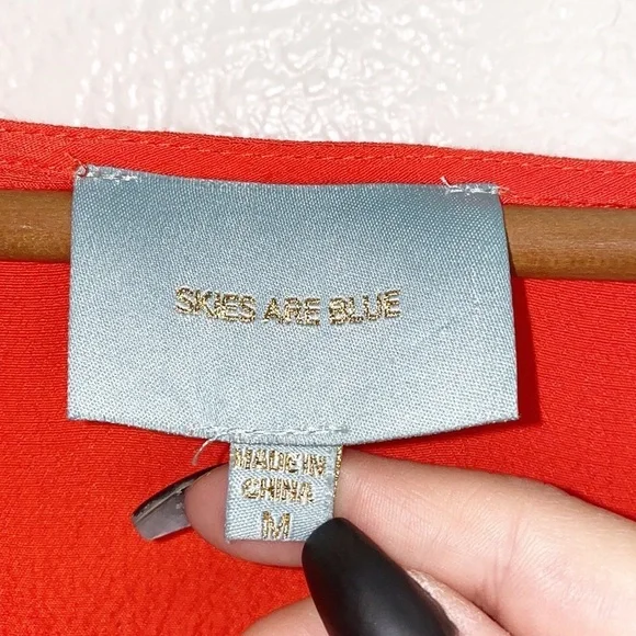 Skies Are Blue Red Orange Colorblock Tie Front Short Sleeve V Neck Mini Dress - Picture 7 of 12